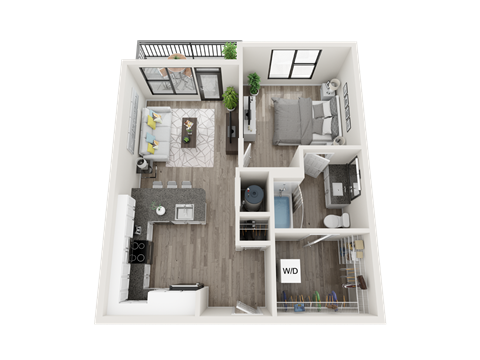 Floor plan for 1 bed, 1 bath, 586 sqft